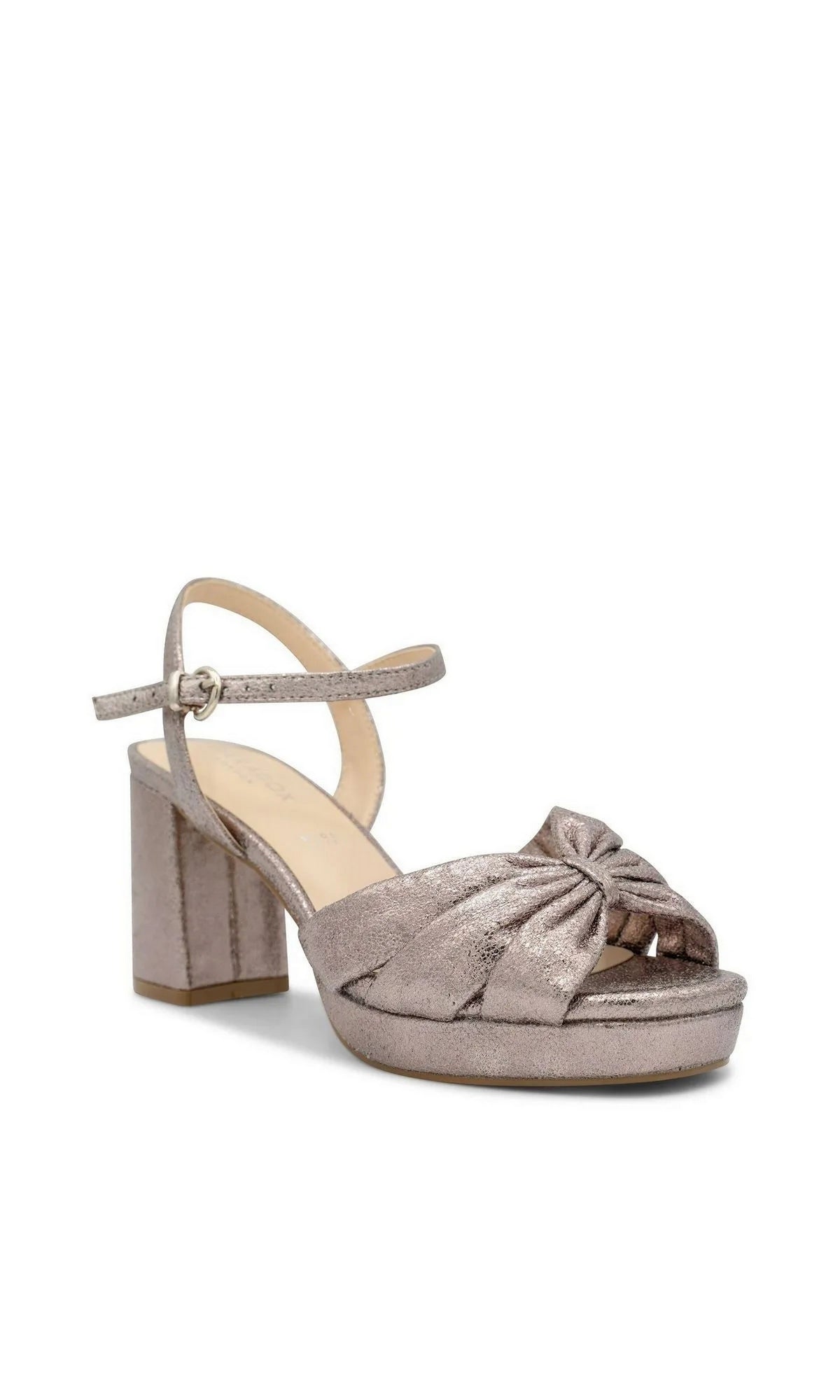 Nerita Pewter Prom Shoes: Paradox London P2506 in metallic pewter with a block heel, ankle strap, knotted toe detail, and platform sole.