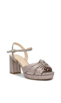 Nerita Pewter Prom Shoes: Paradox London P2506 in metallic pewter with a block heel, ankle strap, knotted toe detail, and platform sole.