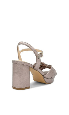 Nerita Pewter Prom Shoes: Paradox London P2506 metallic pewter block-heel sandals featuring an ankle strap and a knotted toe band.