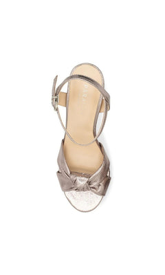 Nerita Pewter Prom Shoes: Paradox London P2506 pewter block heel sandals featuring an ankle strap and a knotted detail at the toe.
