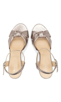 Top-down view of Nerita Pewter Prom Shoes: Paradox London P2506, featuring pewter metallic heeled sandals with a knotted toe strap and an adjustable ankle strap.