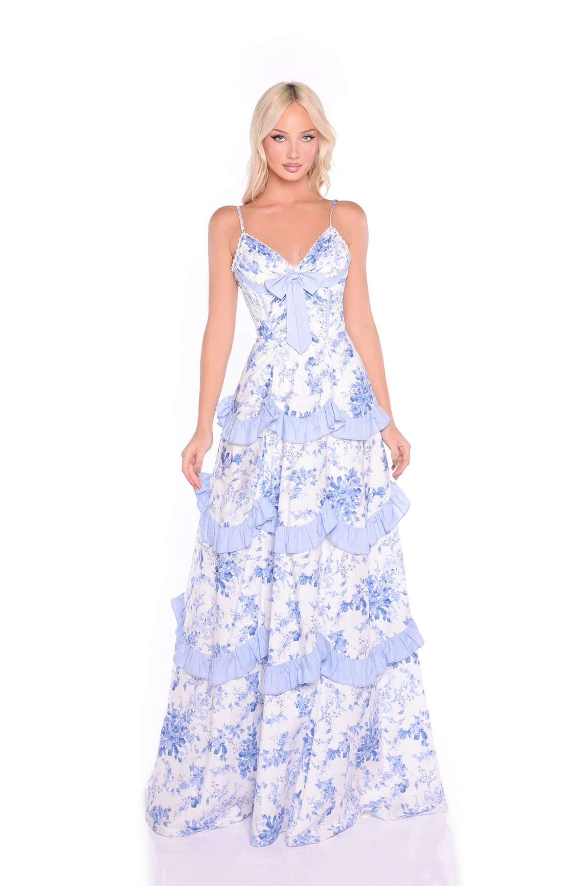 floral printed maxi dress for women Long Blue Casual Summer Dress: Nina Blue Floral / Large Skirt length:Short Lace Bustier Ruffle Asymmetric Fully lined for comfort friend of