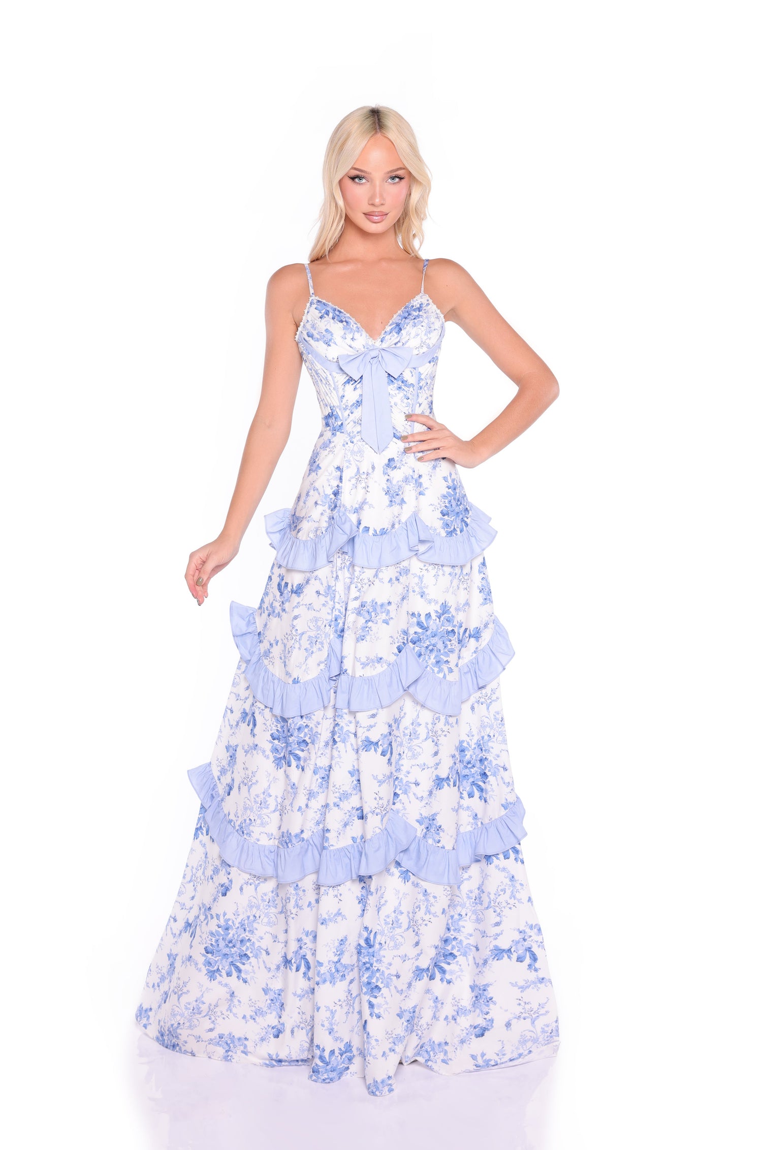 Long Casual Maxi Summer Dress with Blue Floral Blue Floral / Large