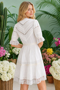 Bohemian Off-White Cotton Sundress with Short Sleeves Off White / XSmall