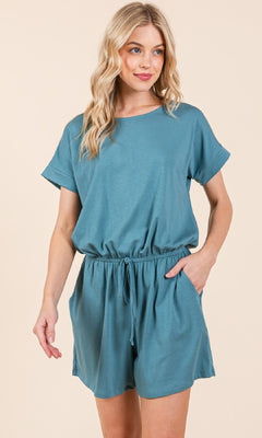 Short-Sleeve Casual Drawstring-Waist Romper Jade / Large