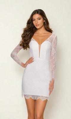 The La Femme Short White Rehearsal-Dinner Dress 28233 features long sleeves, floral lace, and a deep V neckline—an elegant choice for special occasions, shown on a woman against a plain light background.