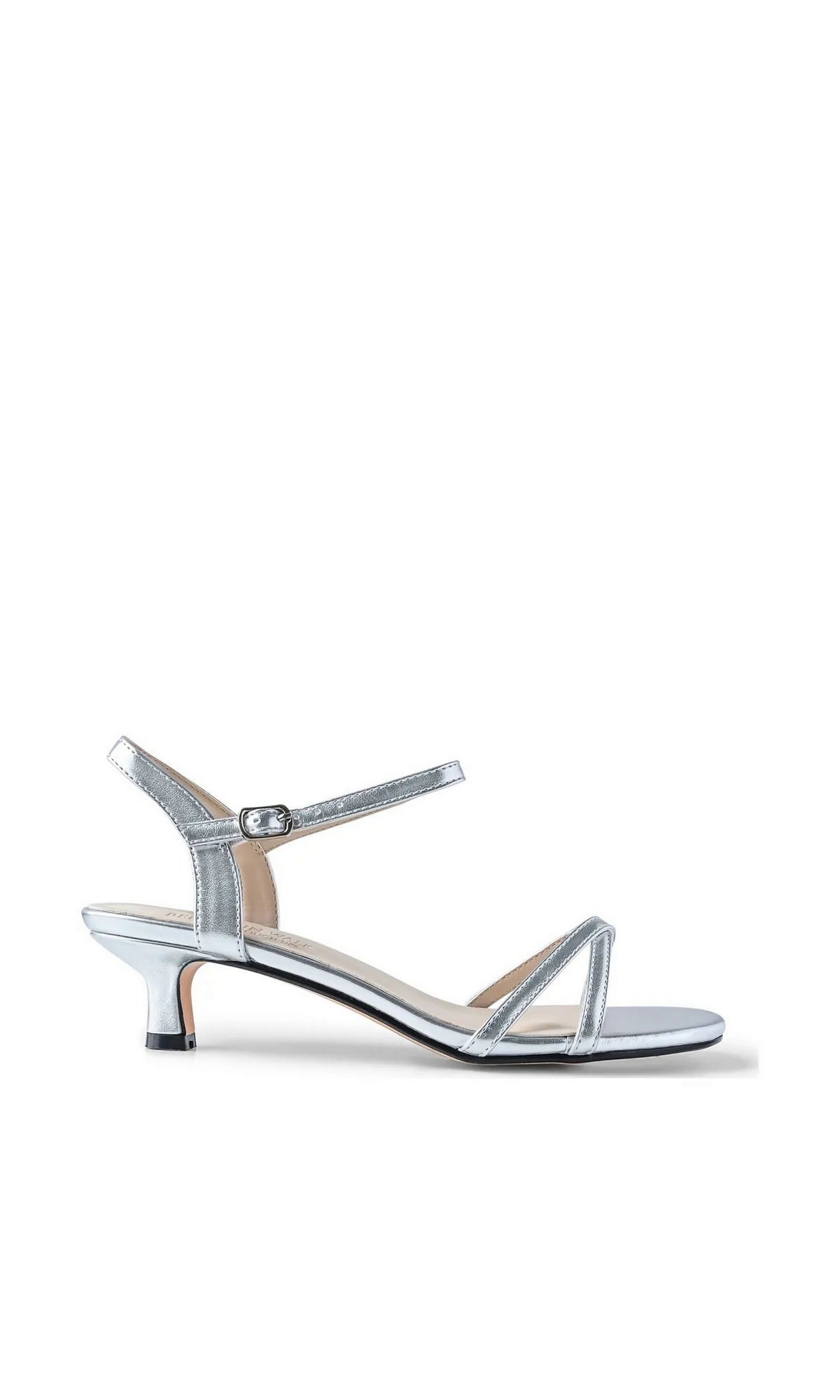 Ocean Silver Prom Shoes: Touch Ups 4788 silver strappy kitten-heel sandals with thin toe straps and an ankle strap.