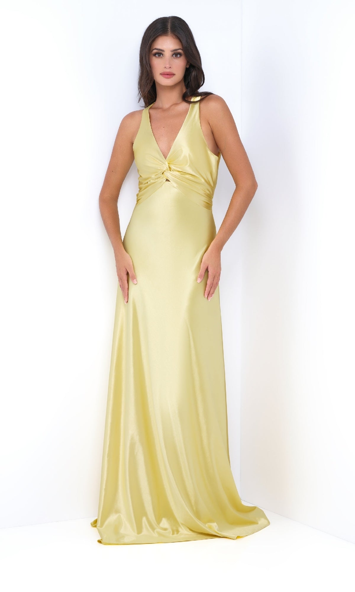 Open-Back Sleeveless Satin Long Prom Dress with Bow Yellow / XLarge Open-Back Sleeveless Satin Long Prom Dress with Bow Yellow / XLarge