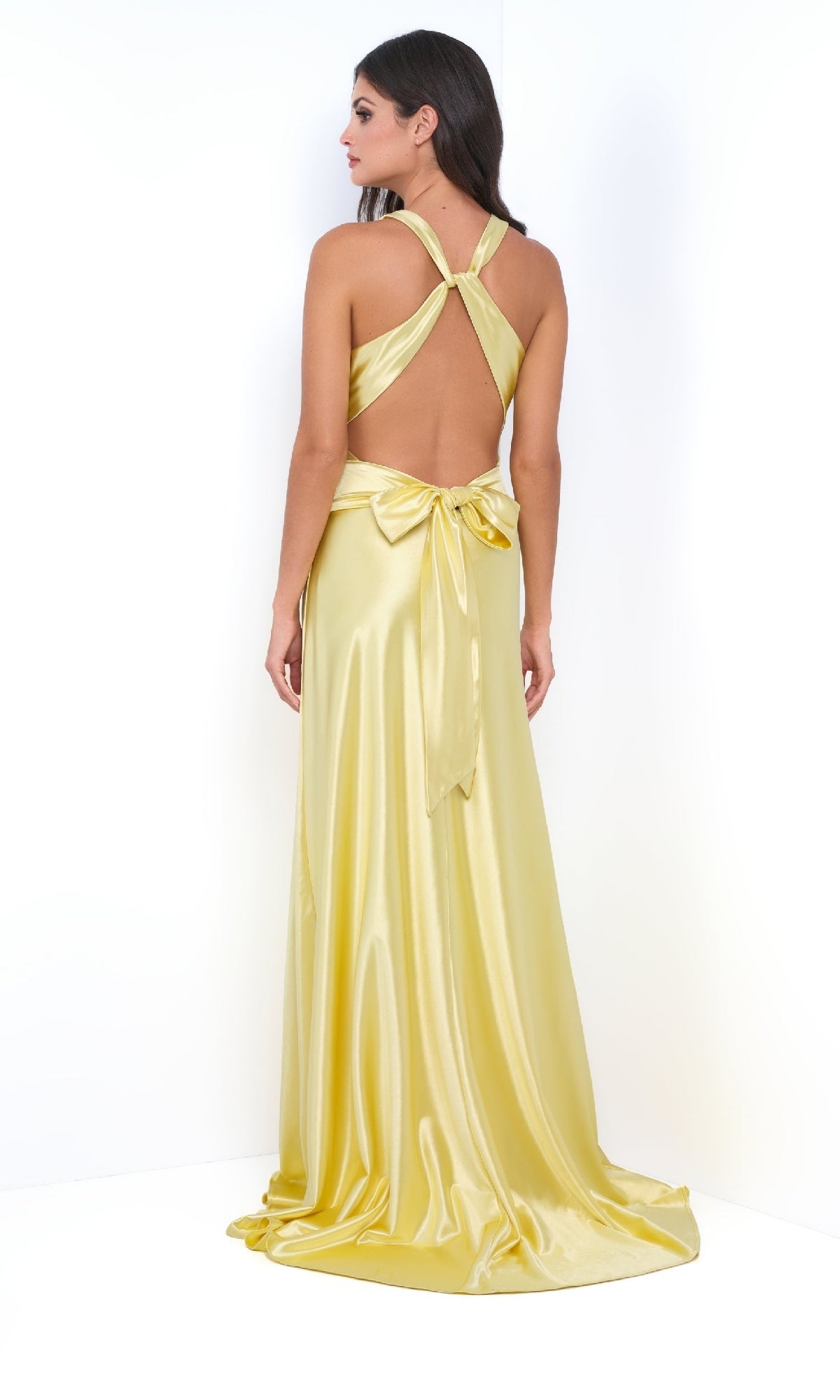 Open-Back Sleeveless Satin Long Prom Dress with Bow Yellow / XLarge