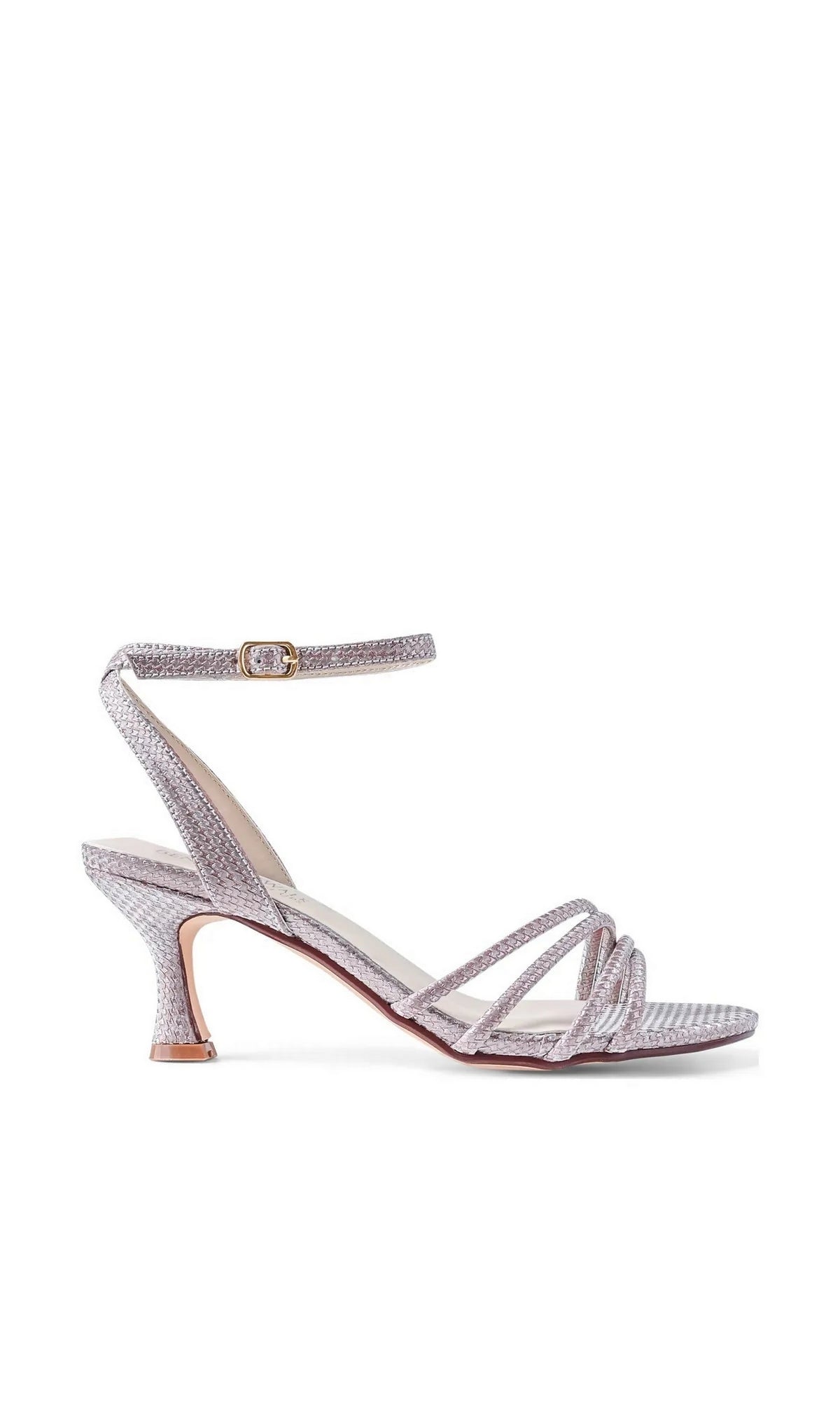 Olive Champagne Prom Shoes: Touch Ups 4789 are shimmering champagne kitten heel sandals featuring a buckled ankle strap and multiple thin, braided-look glitter straps across the toe.