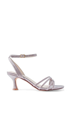 Olive Champagne Prom Shoes: Touch Ups 4789 are shimmering champagne kitten heel sandals featuring a buckled ankle strap and multiple thin, braided-look glitter straps across the toe.