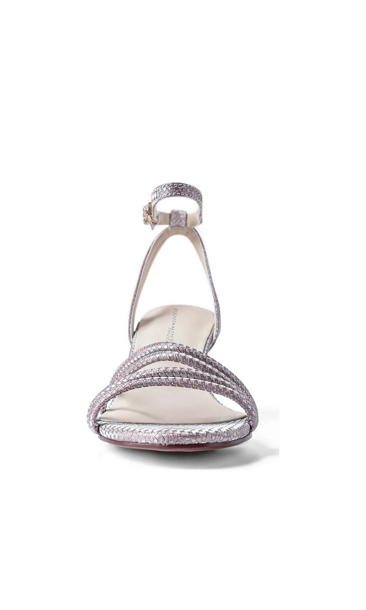 Olive Champagne Prom Shoes: Touch Ups 4789 metallic low-heeled sandal with thin, braided glitter straps, a crossover design, and an ankle strap.