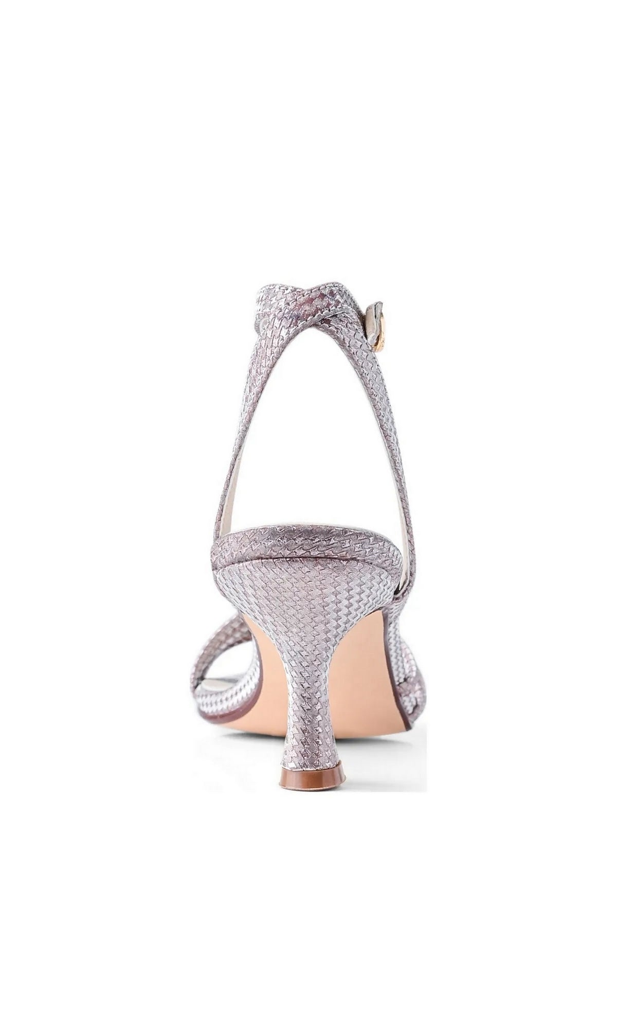 Back view of Olive Champagne Prom Shoes: Touch Ups 4789, a metallic silver woven low-heeled slingback sandal with glitter straps.