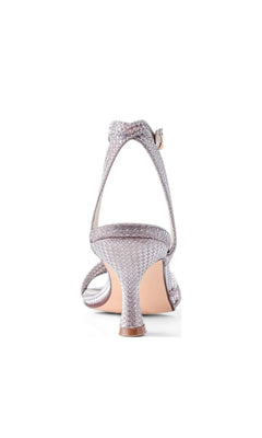 Back view of Olive Champagne Prom Shoes: Touch Ups 4789, a metallic silver woven low-heeled slingback sandal with glitter straps.