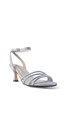 Olive Silver Prom Shoes: Touch Ups 4790 silver glitter strappy kitten-heel sandal with an ankle strap and buckle closure.