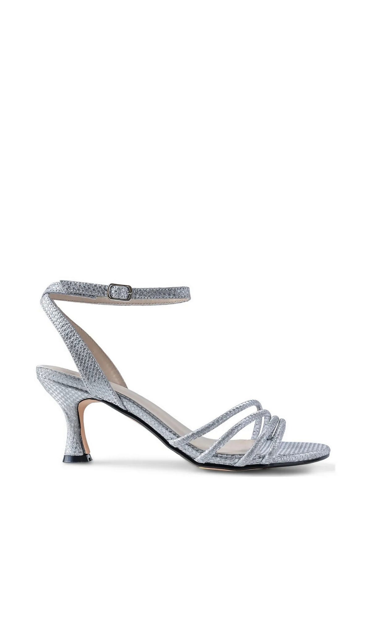 Olive Silver Prom Shoes: Touch Ups 4790 silver glitter strappy kitten heel sandal with an ankle strap.