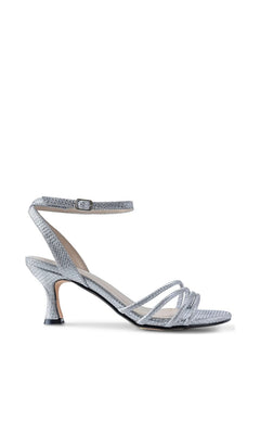 Olive Silver Prom Shoes: Touch Ups 4790 silver glitter strappy kitten heel sandal with an ankle strap.