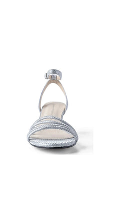 Olive Silver Prom Shoes: Touch Ups 4790, a silver glitter low-heeled kitten heel sandal with a multi-strap front and an ankle strap.