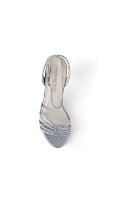 Olive Silver Prom Shoes: Touch Ups 4790 silver glitter strappy kitten-heel sandals with an ankle strap.