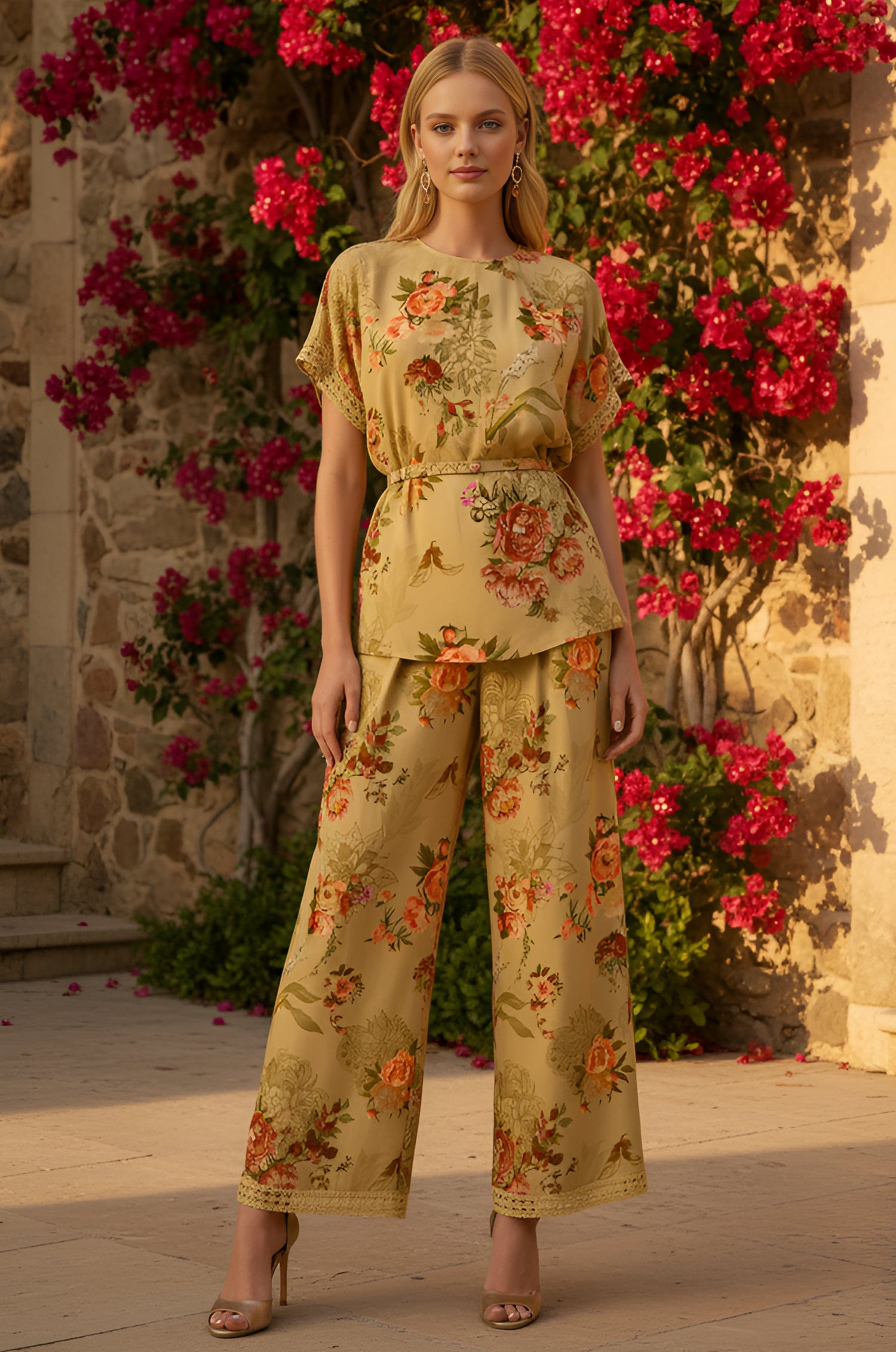 A woman stands outdoors in the Mustard Yellow Floral-Printed Matching Set: Charlotte, featuring wide-leg pants, surrounded by pink flowers and stone walls, embracing vintage-inspired florals.