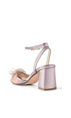 Opal Champagne Prom Shoes: Touch Ups 4785 metallic block-heel sandals featuring an ankle strap and a floral detail on the closed toe.