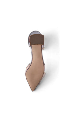 Underside view of an Opal Champagne Prom Shoes: Touch Ups 4785 champagne pointed-toe block heel shoe.