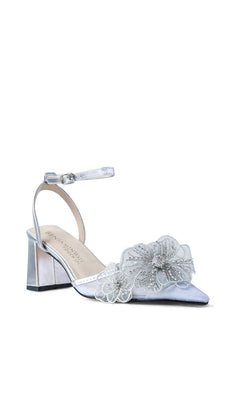Opal Silver Block Heel Prom Shoes: Touch Ups 4786 in silver with a pointed toe, ankle strap, and sheer floral embellishments.
