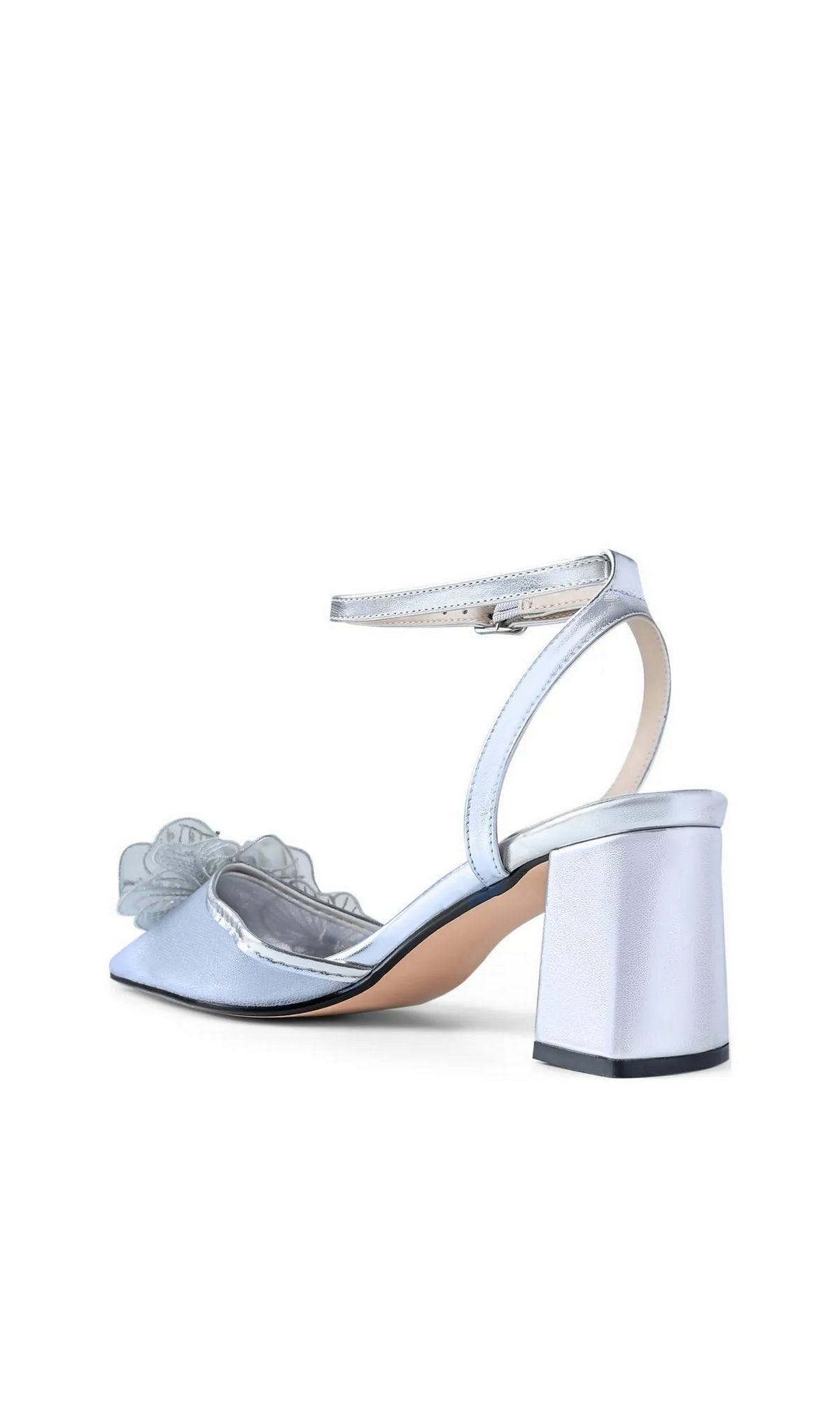 Opal Silver Block Heel Prom Shoes: Touch Ups 4786, featuring a block heel, ankle strap, and floral detail on the toe.