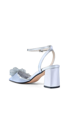 Opal Silver Block Heel Prom Shoes: Touch Ups 4786, featuring a block heel, ankle strap, and floral detail on the toe.