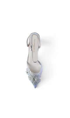 Opal Silver Block Heel Prom Shoes: Touch Ups 4786 featuring a pointed toe, ankle strap, and embellished floral detail.