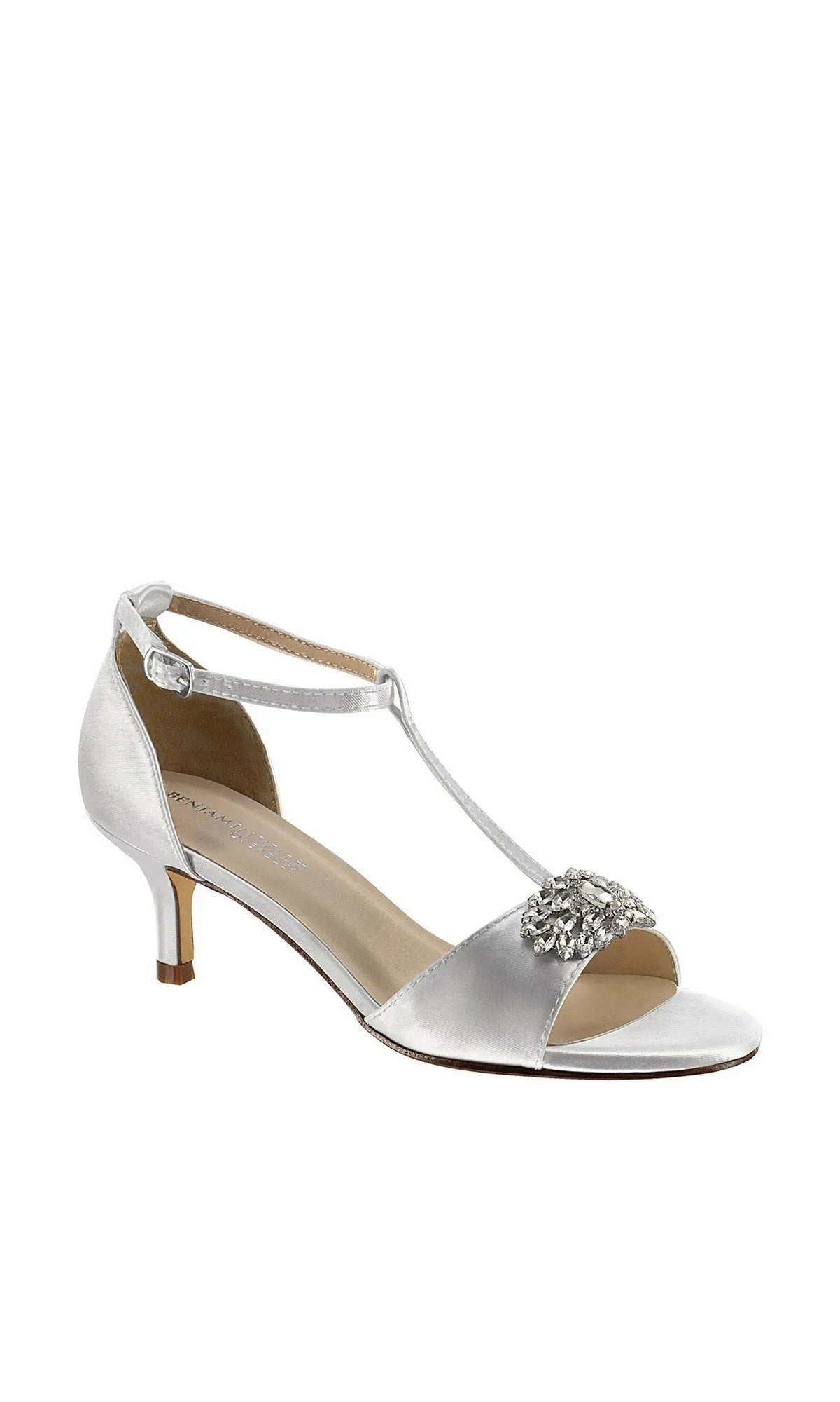 Ophelia White Prom Shoes: Dyeables 4468 white satin kitten heel sandals with an open toe, a T-strap design, and a rhinestone embellishment.
