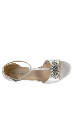 Ophelia White Prom Shoes: Dyeables 4468 white satin kitten heel sandals with a T-strap, a rhinestone embellishment on the toe, and an ankle strap.