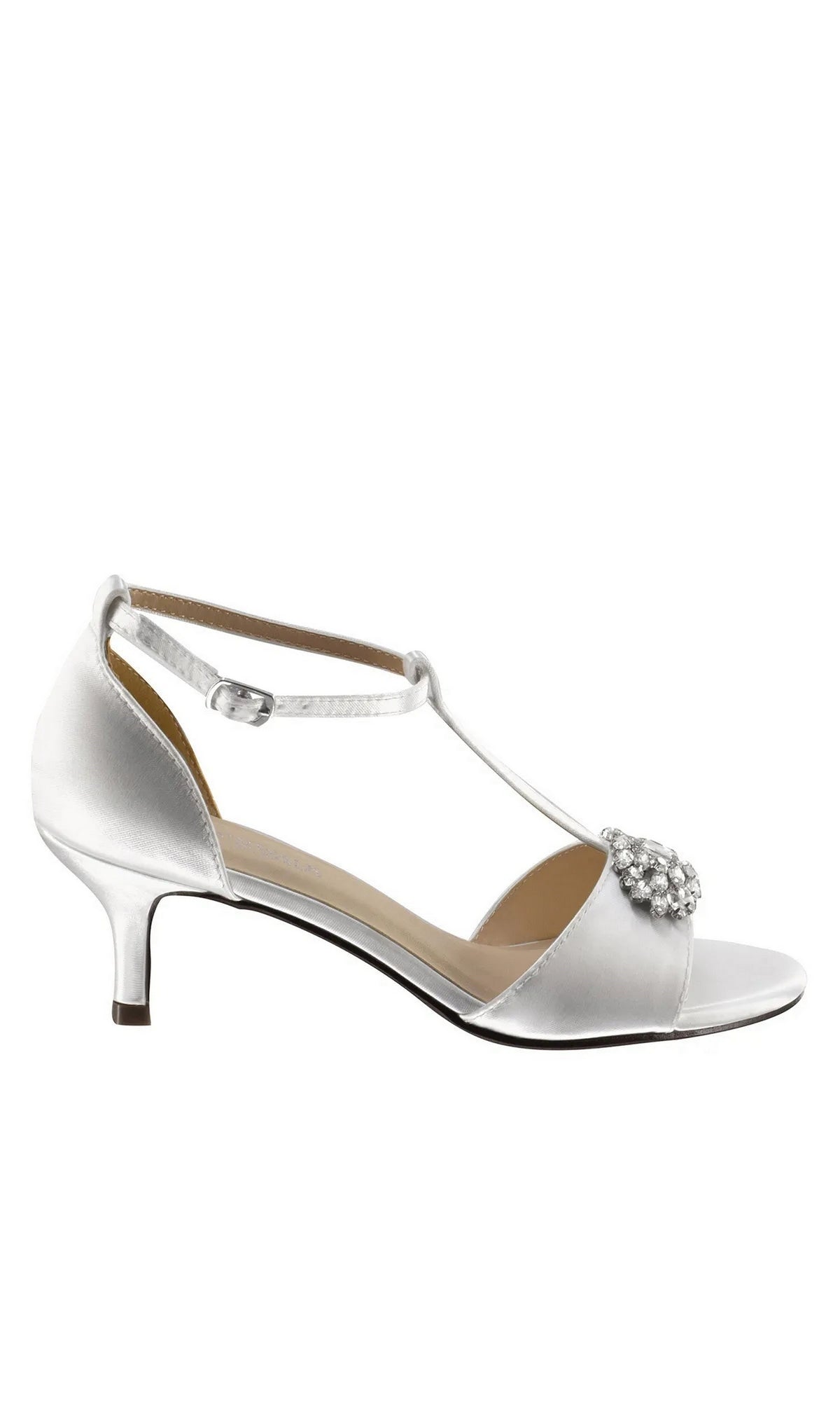 Ophelia White Prom Shoes: Dyeables 4468 are white satin kitten heel sandals with a T-strap design and a jeweled accent at the toe.