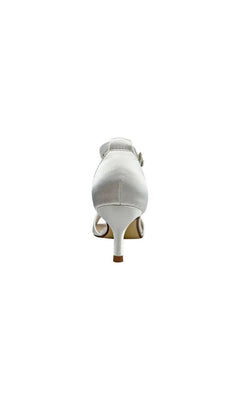 Back view of a white satin kitten heel sandal with an ankle strap, Ophelia White Prom Shoes: Dyeables 4468.