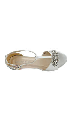 Ophelia White Prom Shoes: Dyeables 4468 are white satin t-strap flat shoes featuring a crystal embellishment on the rounded toe.