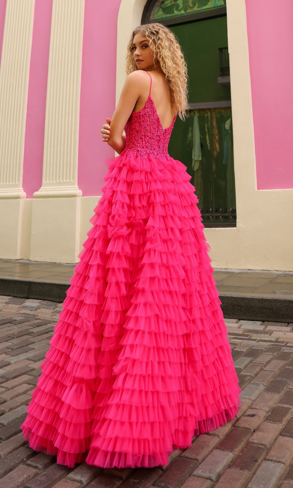 Lace-Bodice Ruffled Long Prom Ball Gown P1398