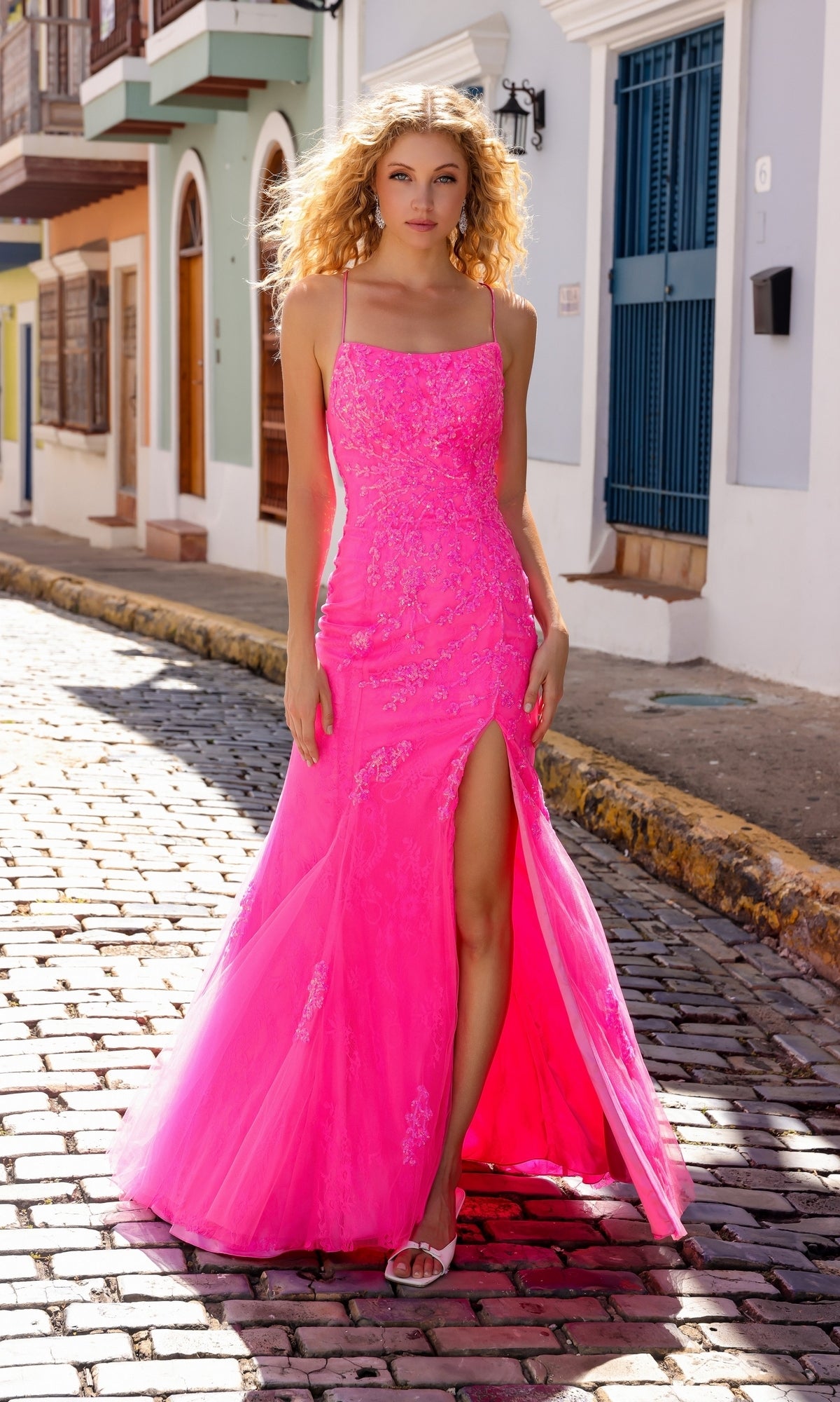Long Lace Prom Gown with Sequin Flowers Ocean Blue / 0 Long Lace Prom Gown with Sequin Flowers Ocean Blue / 0