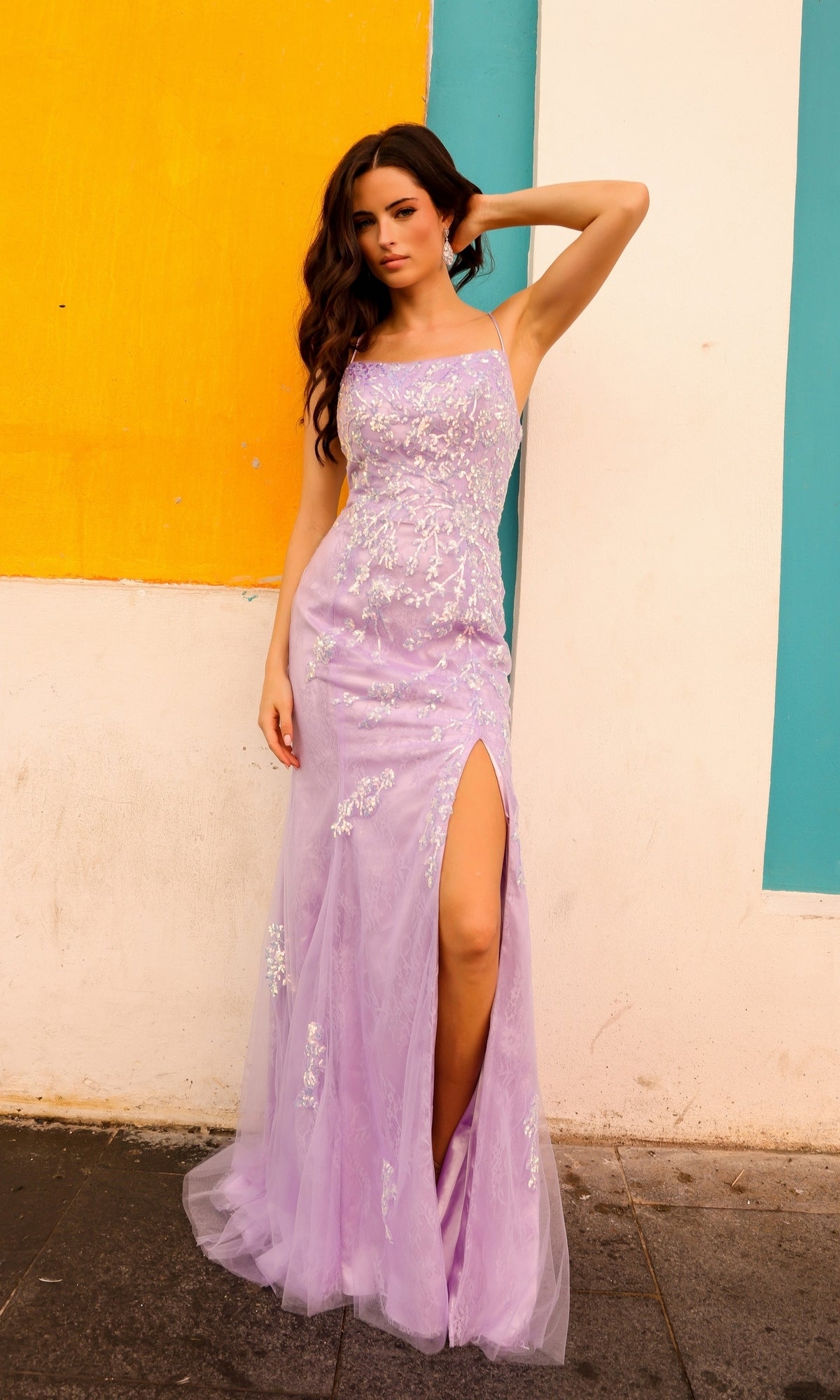 Long Lace Prom Gown with Sequin Flowers Lilac / 14
