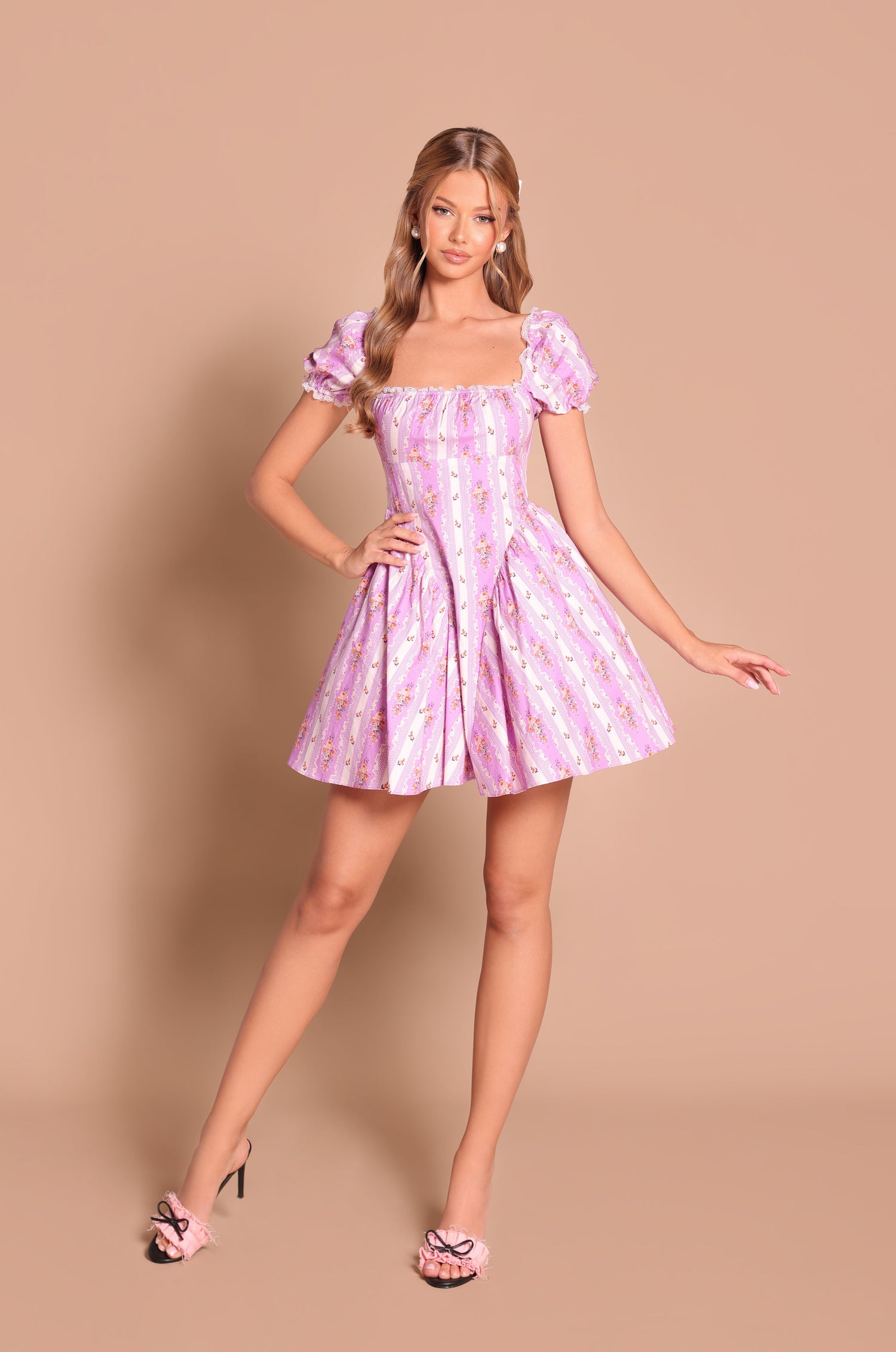 Short Lilac-Striped Floral Summer Dress with Sleeves Lilac Floral / Large Short Lilac-Striped Floral Summer Dress with Sleeves Lilac Floral / Large