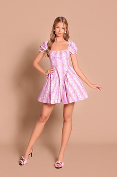 Short Lilac-Striped Floral Summer Dress with Sleeves Lilac Floral / Large
