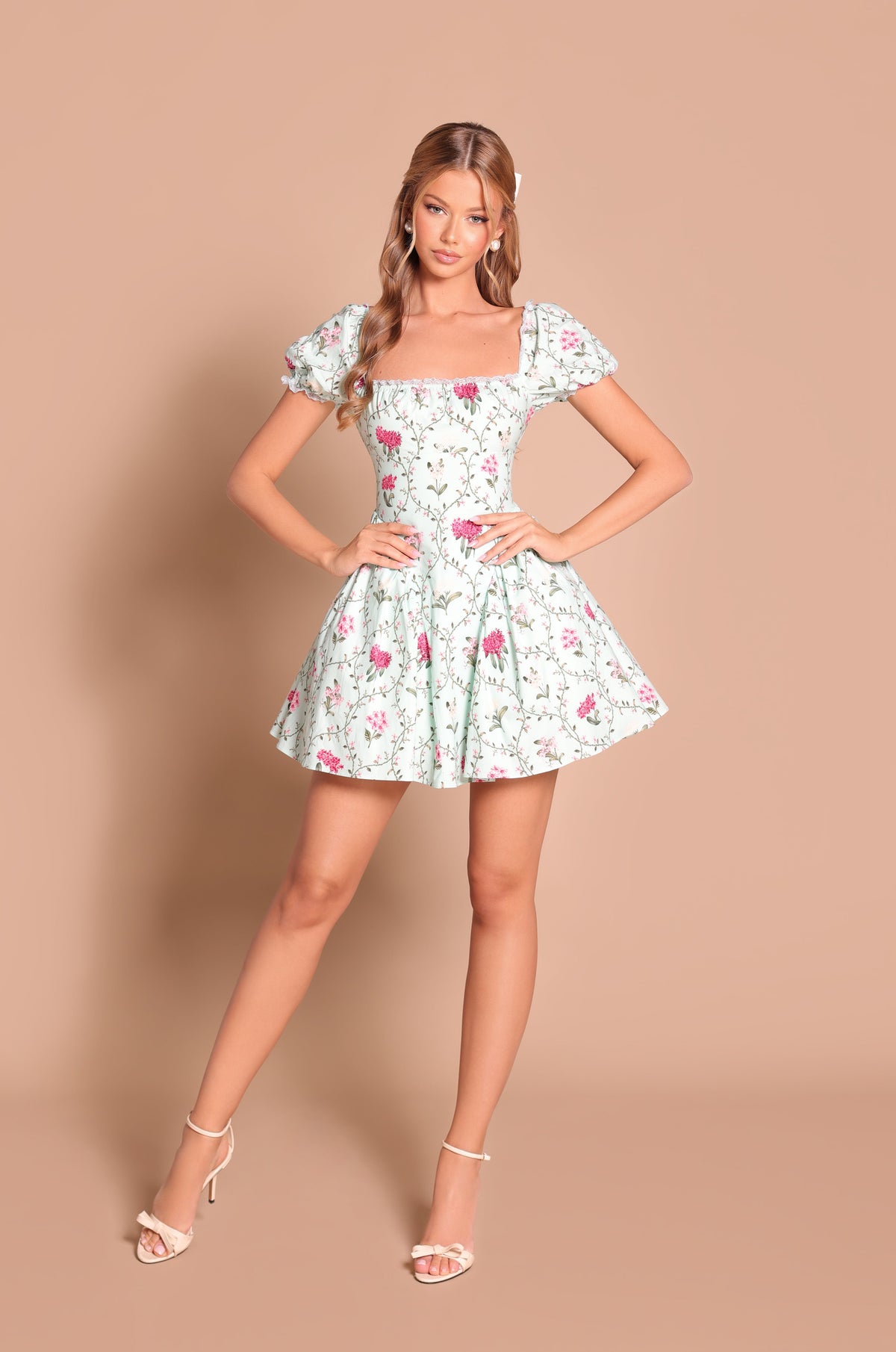 green and white cocktail dress Floral Short Casual Party with Puff Sleeve Mint Green / XSmall Hawaiian Floral Sylvia Dress Magical Lightweight and easy to Sizes:3XL