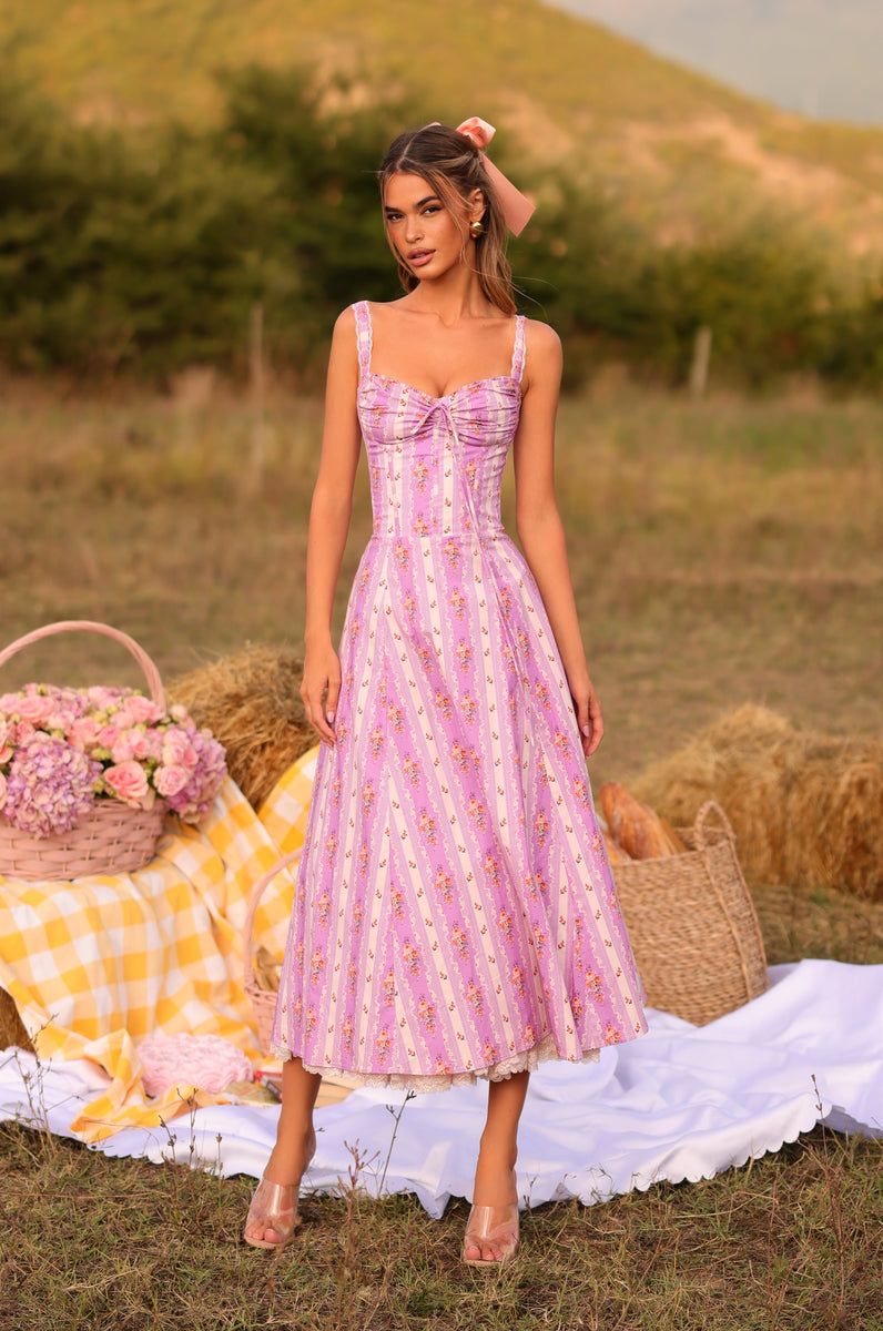 Lilac Floral Casual Midi Dress: Celenia Lilac Floral / Large