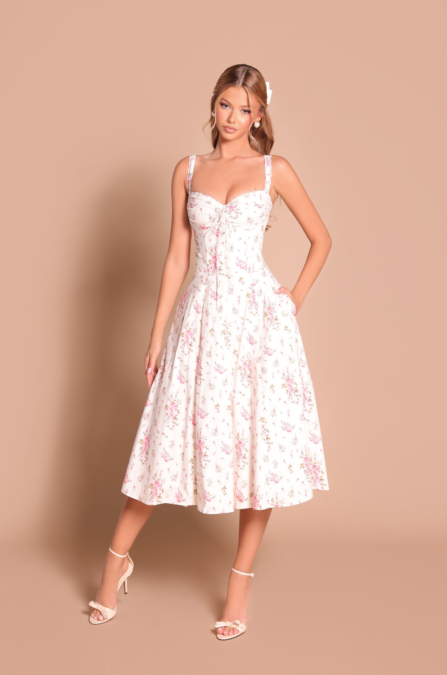 green emerald velvet dress Cotton Ivory White Floral Midi Sundress with Pockets– PromGirl