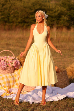 Buttercream Yellow halter midi dress with fitted waist 