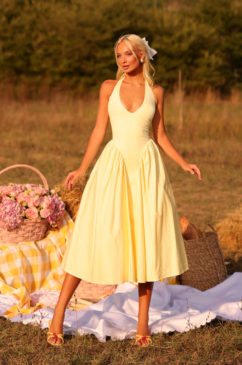 Midi Yellow Halter Summer Dress with Side Pockets Buttercup / Medium