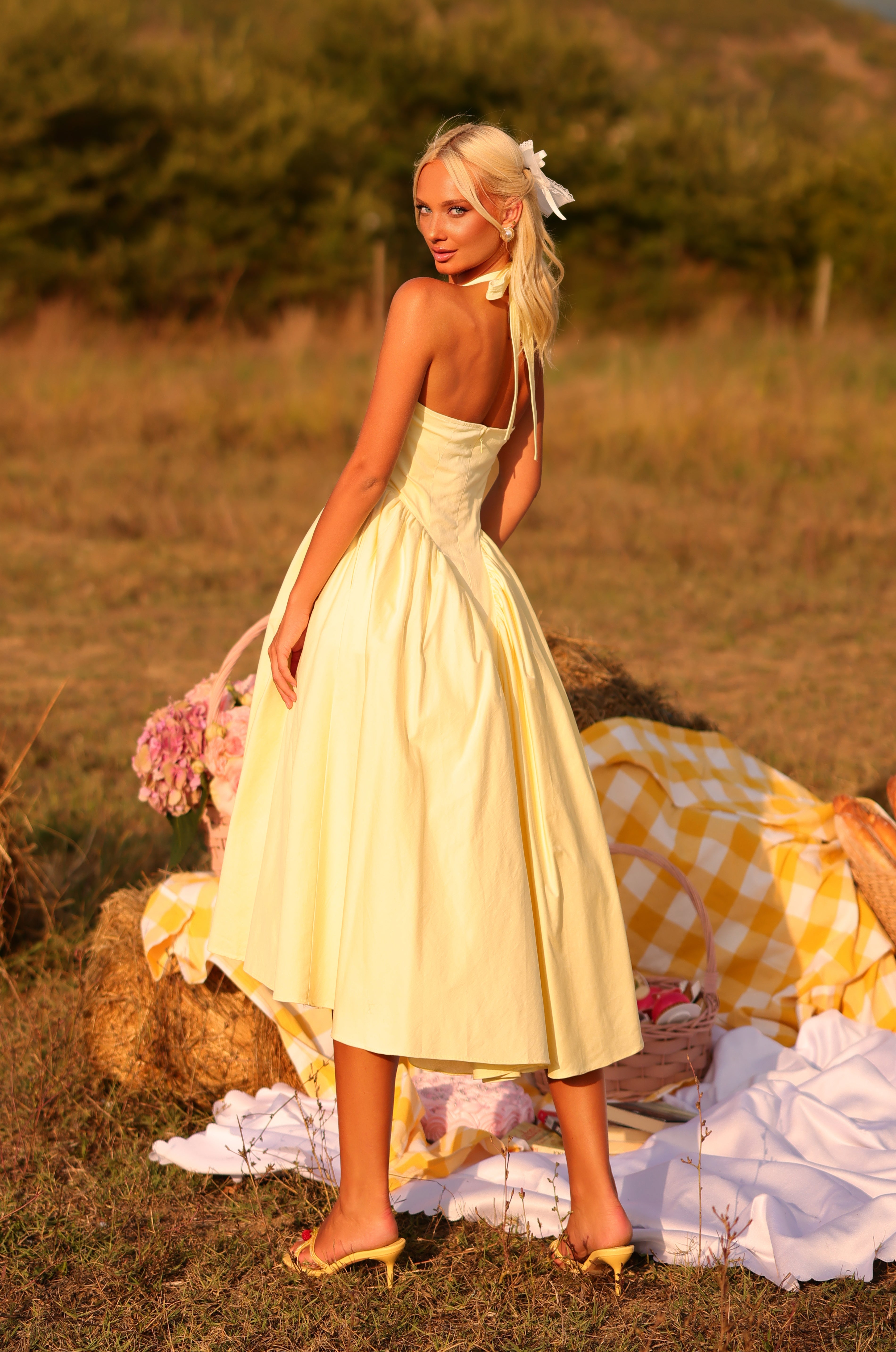 Midi Yellow Halter Summer Dress with Side Pockets Buttercup / Medium