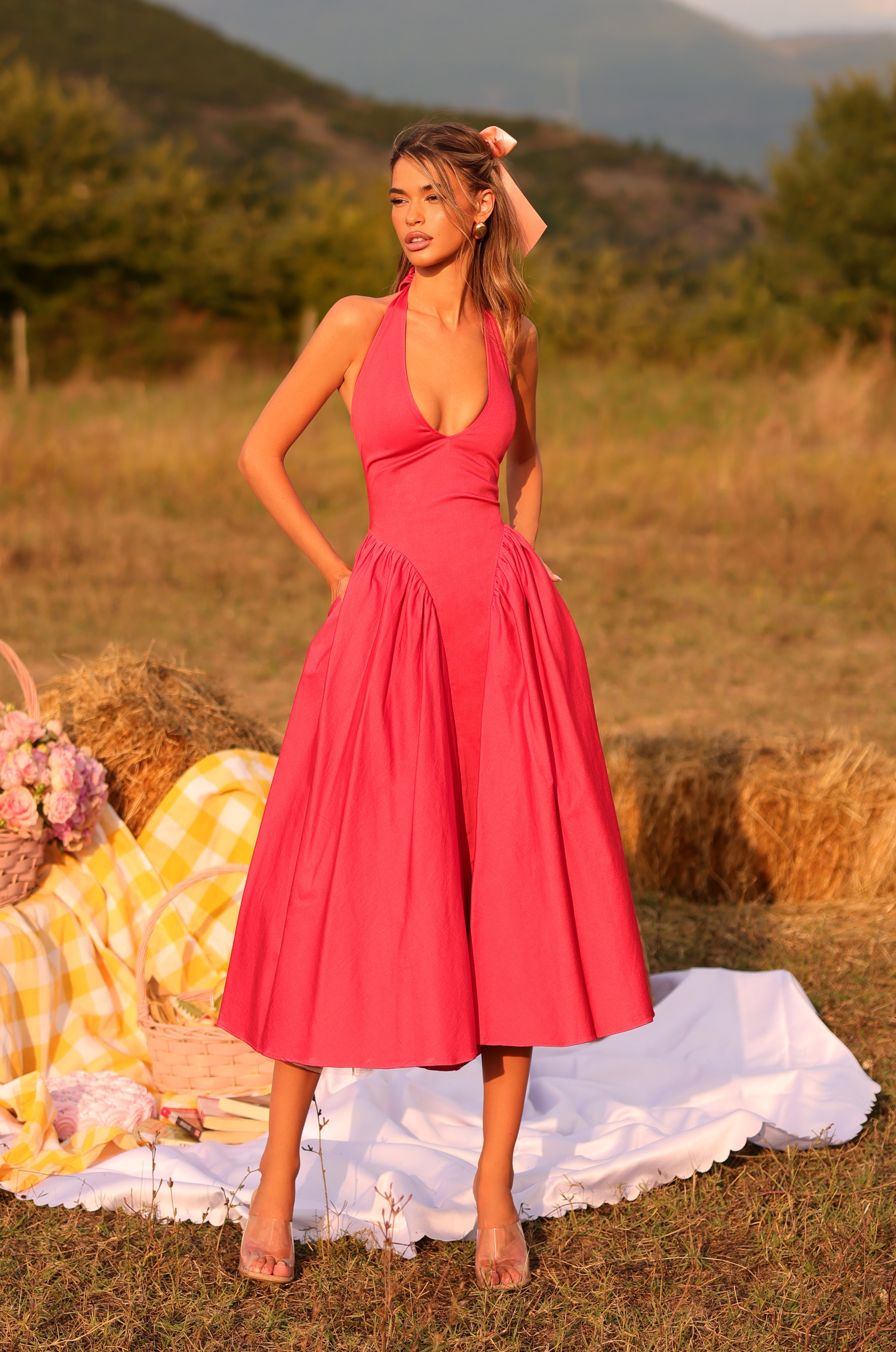Red Halter Midi Casual Summer Dress with Pockets PromGirl Red Halter Midi Casual Summer Dress with Pockets PromGirl