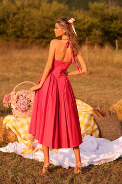 Winterberry Red halter midi dress with fitted waist 