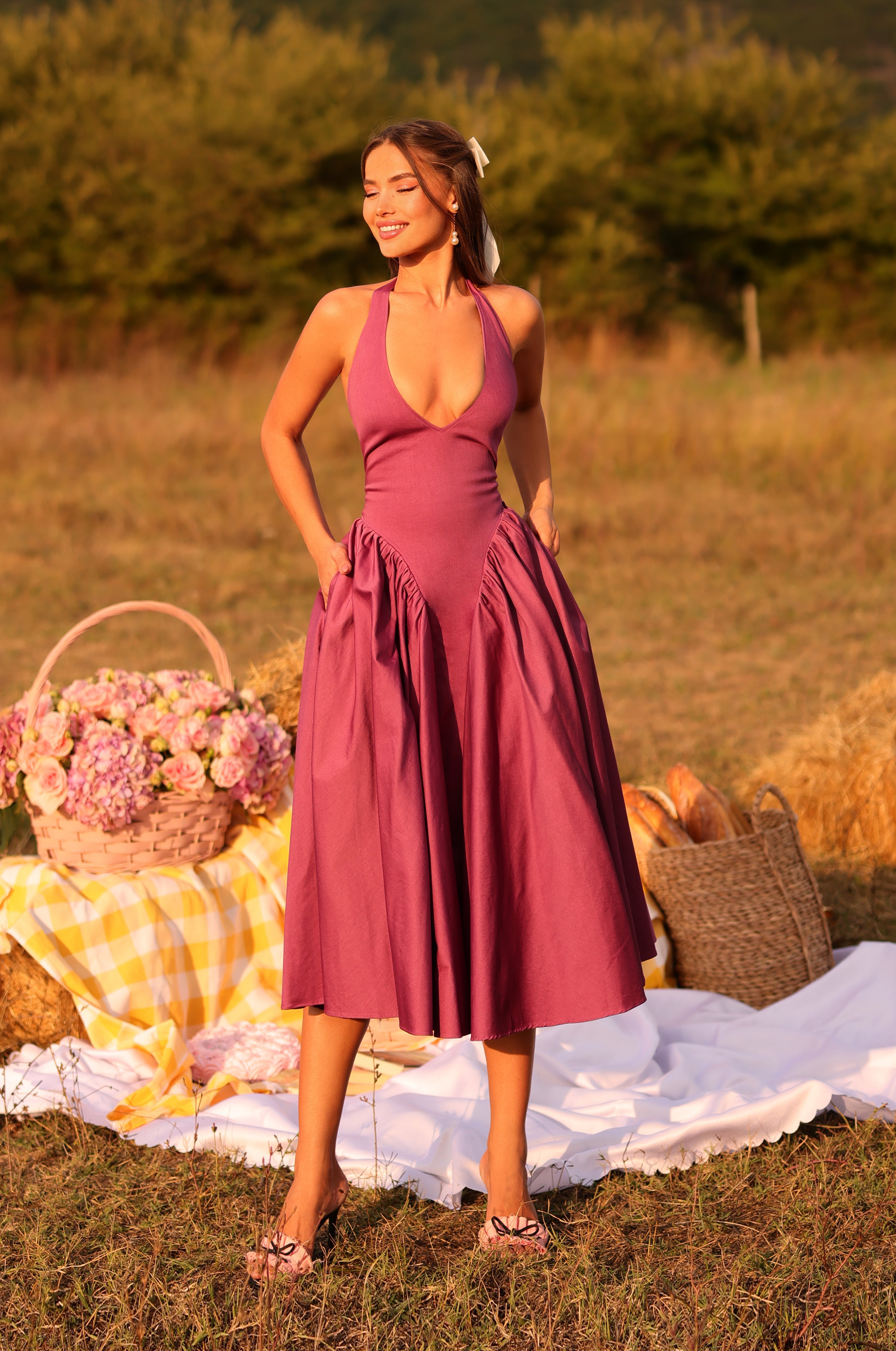 Rose Purple Halter Midi Summer Dress with Pockets – PromGirl