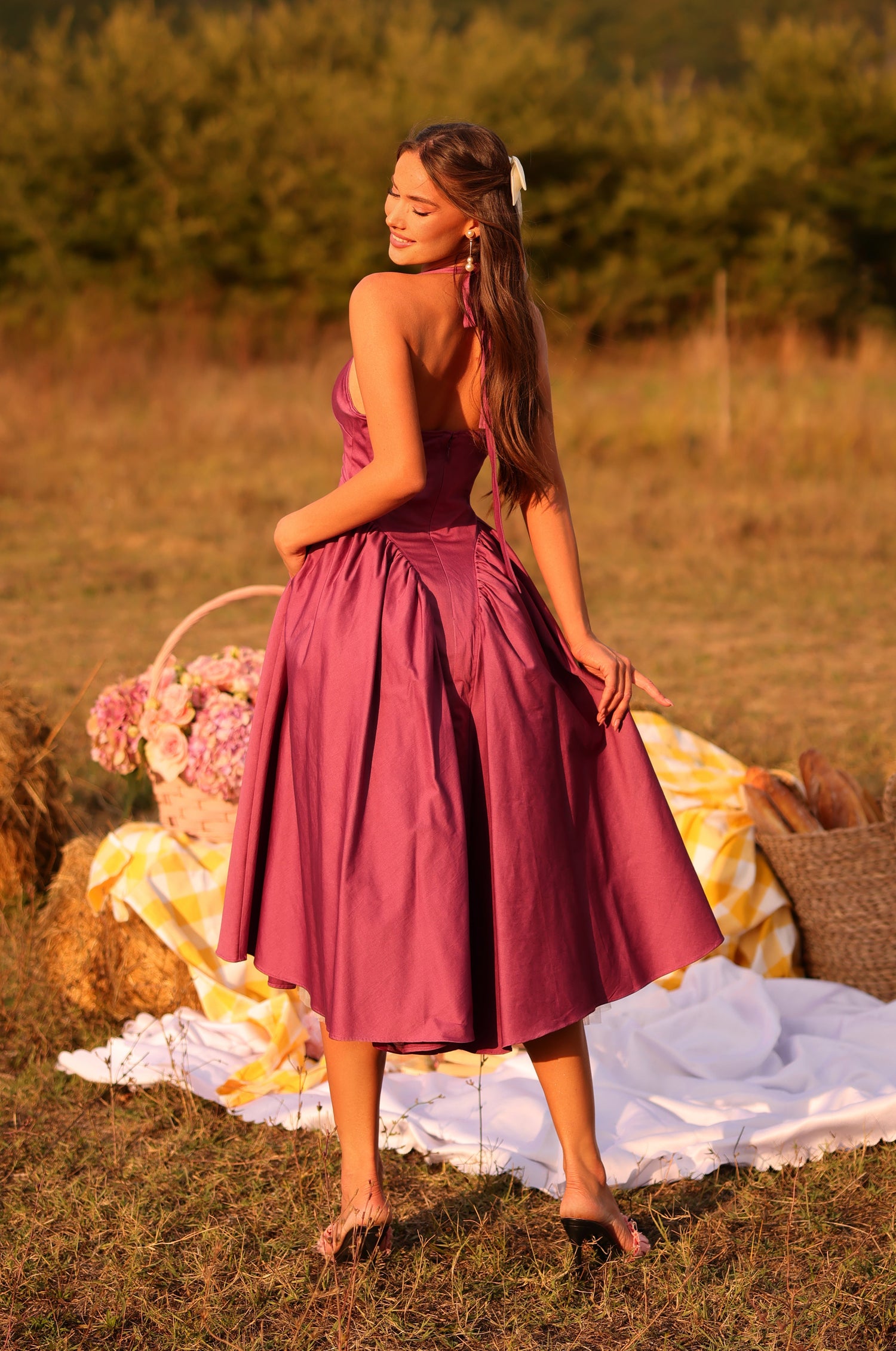 Rose Purple Halter Midi Summer Dress with Pockets Vintage Rose Purple / Large Rose Purple Halter Midi Summer Dress with Pockets Vintage Rose Purple / Large